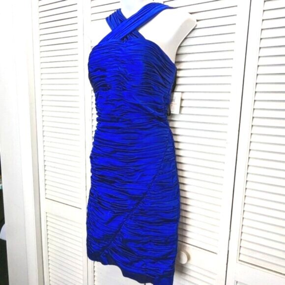 Calvin Klein Bodycon Cocktail Wiggle Dress Sz 10 Royal Blue Satin NWT Ruched - Picture 2 of 13